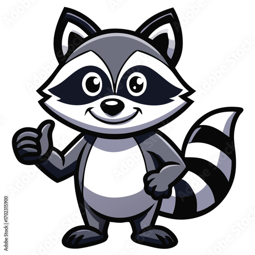 Cheerful raccoon cartoon character offers a thumbs up and smiles on a transparent background
