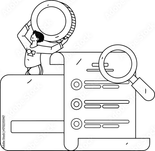 Person meticulously examining financial document with magnifying glass and coin, symbolizing detailed analysis and investment strategy for business growth and audit success
