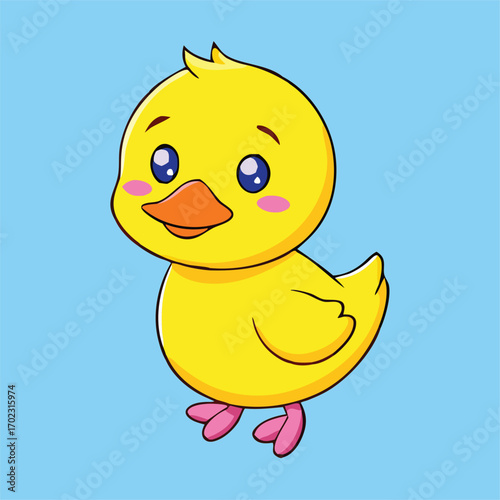 Cheerful yellow cartoon duck with pink cheeks and feet stands against light blue background