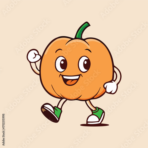 Cheerful pumpkin character with cute green shoes is playfully walking across a light background