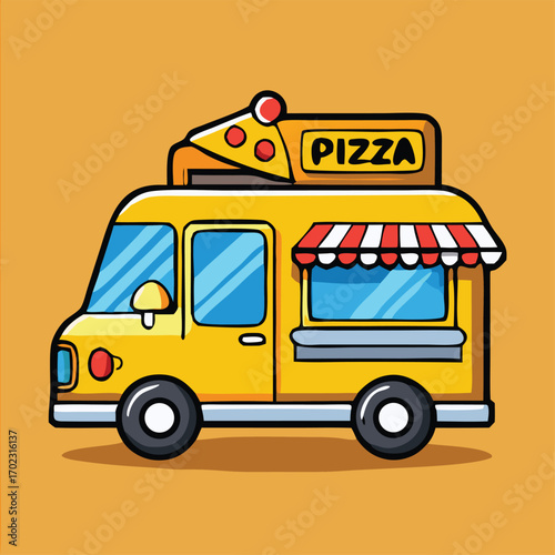Cheerful yellow food truck features a pizza slice on its roof, ideal for eateries