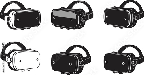 Set of six virtual reality VR headset icons in black and white style, different angles, modern immersive tech illustration design.