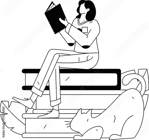 Enjoy quiet moments with a good book and a curious cat, perfect for depicting cozy home life, relaxation, or the joy of reading, line art style with a clean design