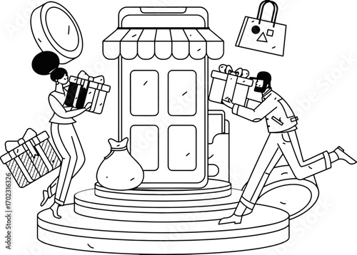 Excited shoppers rush from a mobile store with gifts and money in hand, enjoying the thrill of online shopping and holiday deals, perfect for e-commerce promotions and digital marketing campaigns