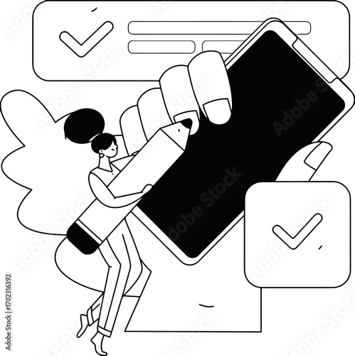 Tiny woman with pencil marks digital survey on phone for feedback and tasks, highlighting efficient workflow and user experience in modern app design, line art style
