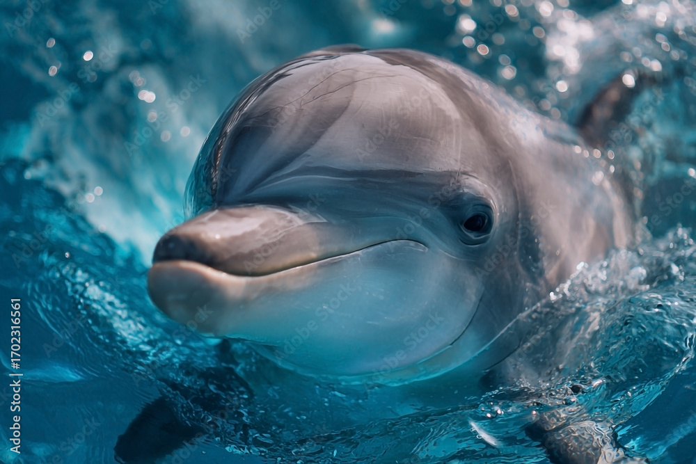 Fototapeta premium Captivating close-up of a dolphin swimming in crystal-clear turquoise waters