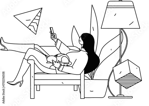 Stylish woman relaxing on a lounge chair using her phone, embodying modern comfort and relaxed elegance, monochrome design for chic lifestyle and fashion concepts, perfect for editorial use