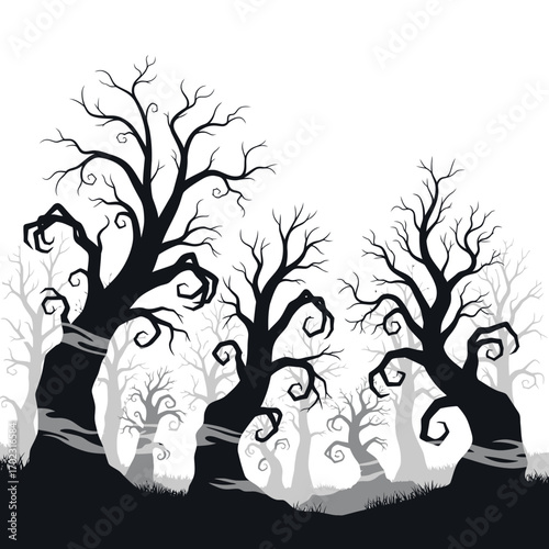 Mysterious Trees, Spooky Landscape, Dark Forest, Illustrative Artwork, Nature Scene, Eerie Environment, Artistic Viewpoint