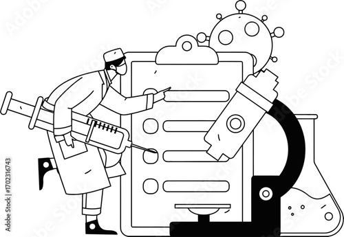 Medical professional with syringe creating vaccine to fight virus, science and research in the lab, checklist and microscope depict research and medical breakthroughs, innovation and hope
