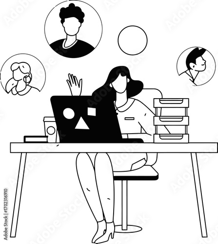 Professional woman enthusiastically participating in a virtual meeting on a modern laptop with colleagues, showcasing collaboration and remote communication in today's digital workplace
