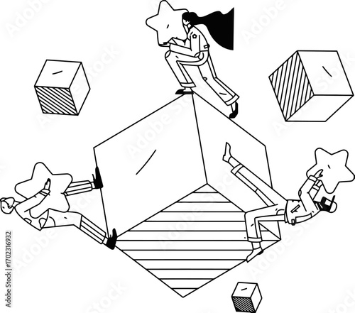 Dynamic star headed characters interacting with geometric shapes create an innovative modern design, perfect for conveying teamwork, exploration, and creative problem-solving in business