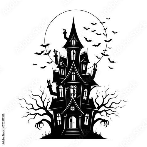 Spooky Mansion in Night: A captivating illustration of a spooky mansion, silhouetted against a full moon, surrounded by menacing bats, and gnarled trees.