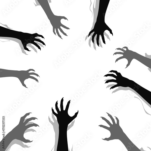 Silhouette of Creepy Hands: a ring of silhouetted hands, each with sharp claws, reaching toward the center of the frame, creating a sense of looming dread and mystery. 