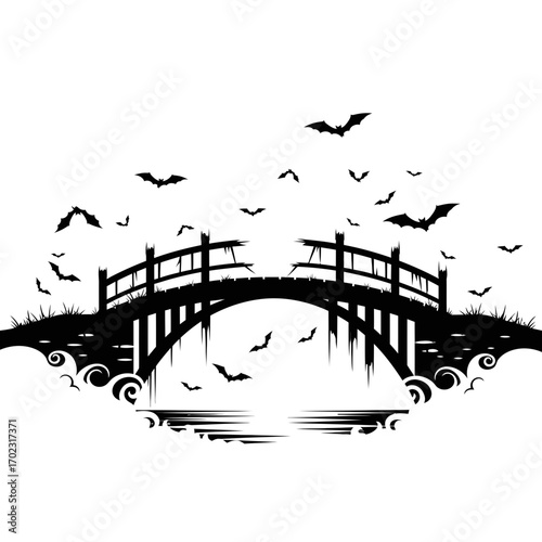 Silhouette of a Bridge and Bats: A stark black and white image captures the silhouette of a bridge against the twilight sky, with a flock of bats taking flight.