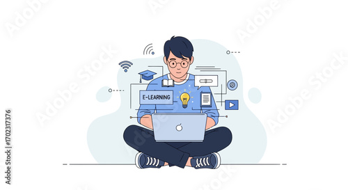 Online Education and Virtual Learning: Modern Student Concentrating on a Laptop