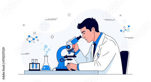 Scientist Examining a Sample Under the Microscope Laboratory Research Experiment Concept