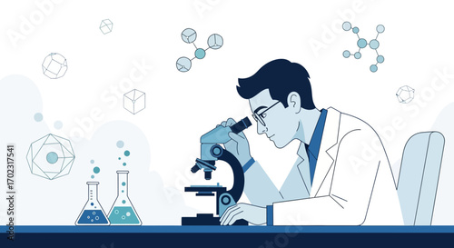 Scientist examining molecules under a microscope in a laboratory illustration