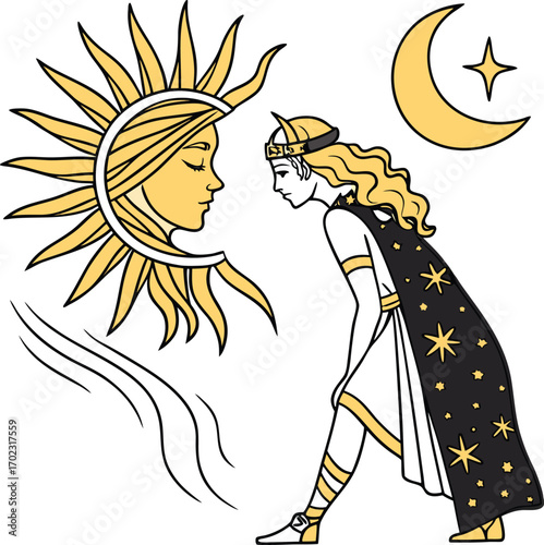 Celestial figures and starry cloak sun face crescent moon