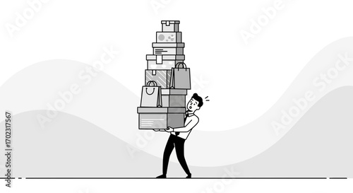 Overwhelmed Businessman Carrying Heavy Boxes And Shopping Bags For Delivery Service Or Sales