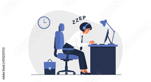 Overworked Office Employee Dozing While Working At Her Computer Desk Exhaustion Concept