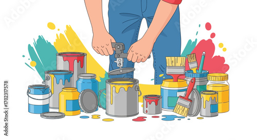 Painting Project: A Colorful Illustration of Paint Cans, Brushes, and Creative Artwork