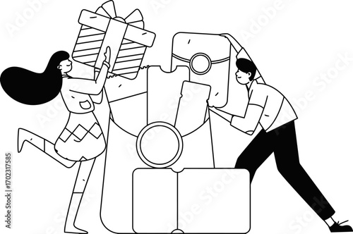 Excited colleagues celebrating online shopping success with oversized gift box delivery and modern envelope, perfect for e-commerce promotional materials and vibrant marketing campaigns