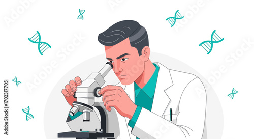 Scientist Observing Through Microscope Analyzing Genetic Data For Scientific Discovery