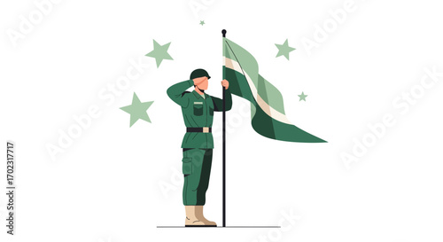 Patriotic Soldier Saluting a Flag, Symbolizing Honor and National Pride in a Ceremony