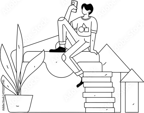 Young person taking a selfie while sitting on a staircase beside a potted plant and an arrow pointing up, evoking a sense of growth and personal achievement in a modern, minimalist style