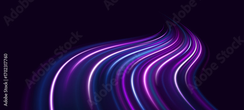 Surreal cyberspace tunnel with speedy neon car trails and flowing light streaks.