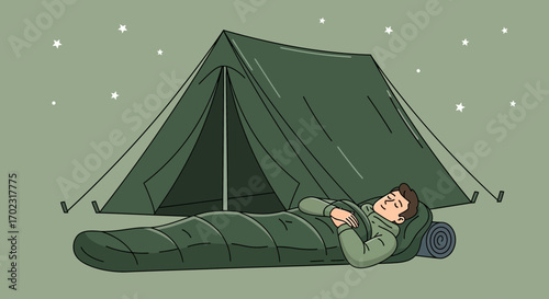 Peaceful Camping Under A Starry Night As Traveler Sleeps Near The Tent Silhouette