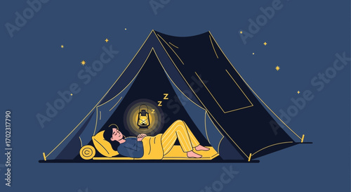Peaceful Camping Under The Stars: A Serene Illustration of Nighttime Relaxation