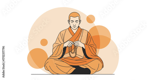 Peaceful Monk in Meditation with Prayer Beads: A Calm Illustration in Orange