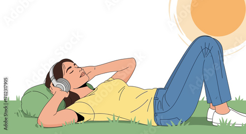 Peaceful Woman Relaxing Outdoors Enjoys Music While Soaking Up Warm Sunshine Bliss