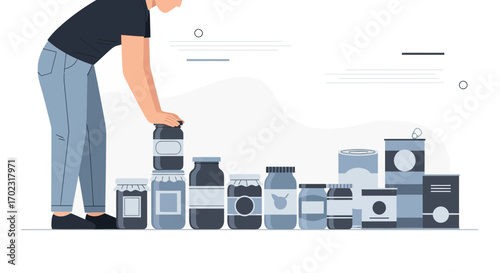 Person arranging canned goods and jars depicting food storage and preservation illustration