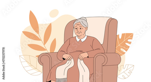 Senior Woman Relaxing On a Comfortable Armchair With Decorative Foliage Background