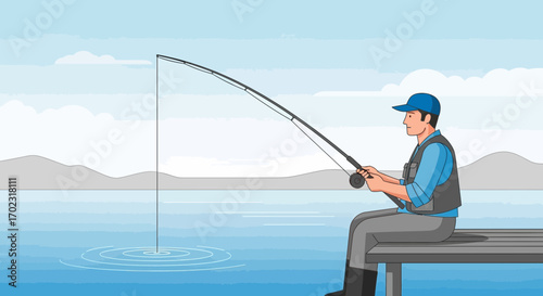 Serene Lakeside Fishing: An Angler Patiently Awaits a Bite During a Sunny Day