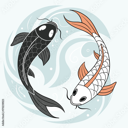 Two stylized goldfish gracefully swimming in a circular yin yang pattern representing balance and harmony in aquatic life