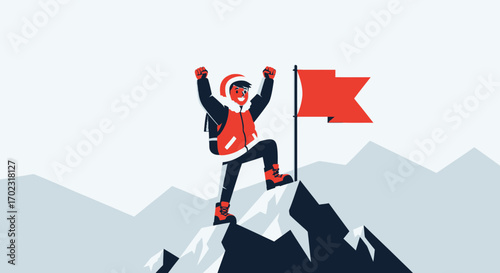 Person Celebrates Achievement Of Climbing Peak And Planting A Flag On The Mountain
