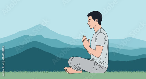 Serene Meditative Pose Amidst Mountains Reflecting Inner Tranquility And Peace