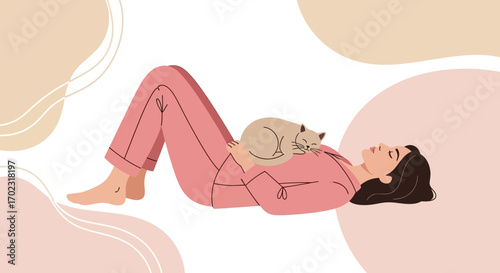 Serene Nap: Woman Embracing Tranquility with a Peaceful Cat on Her Chest in the Bedroom.