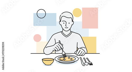 Person Eating Meal Illustrated; Simple Lifestyle; Dining And Food; Healthy Nutrition