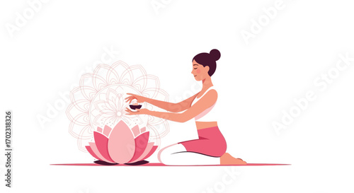 Serene Yoga Practice Visualized: Lotus Ceremony, Artistic Wellbeing, and Mindfulness