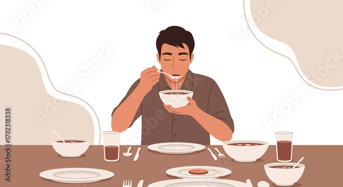 Person Enjoying A Bowl Of Soup At Dining Table, A Moments Of Culinary Pleasure