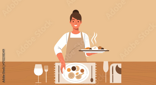 Server Is Presenting Food With A Smile On A Table Ready For The Guest To Eat.