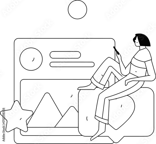Connect and engage with your audience using this minimalist social media design featuring a stylish character interacting with a social media interface for promoting your brand