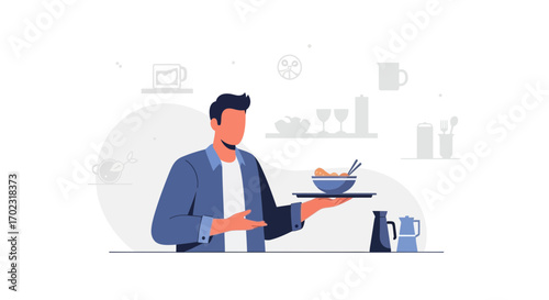 Server Presenting Meal, Showing Tray with Food, Ready to Serve Customers, Restaurant Concept