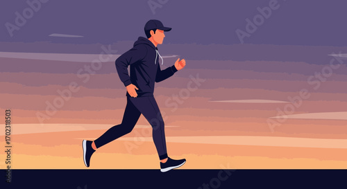 Silhouette Of A Person Jogging During The Golden Hour At Evening Sunset Sky