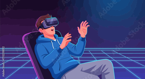 Person Experiencing Virtual Reality: Futuristic Visualization, Cyberpunk Digital Illustration