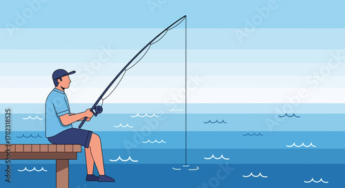 Person Fishing At The Pier, Enjoying The Calm of The Ocean View Moment